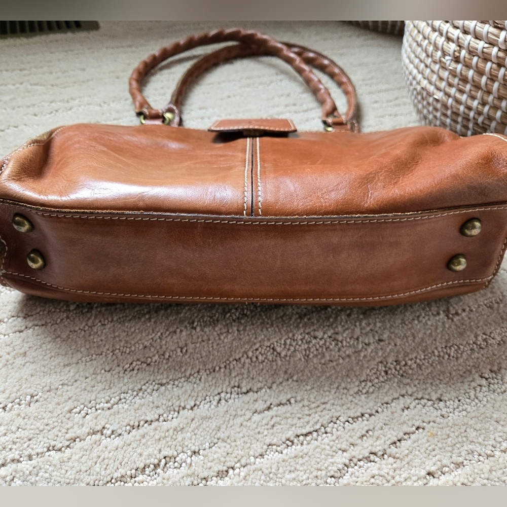 Patricia Nash Rienzo Satchel Handbag Full Grain Cognac Leather Vintage Style - Picture 13 of 16